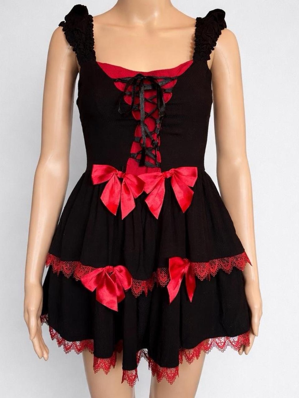Black and Red Lace-Up Bow Mini Dress with red lace and bows - Women